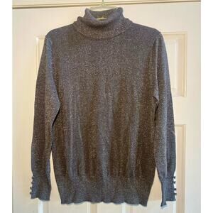Cupio Turtleneck Sweater Dark Gray, Silver Shimmer, Button Accent Cuffs Sz L